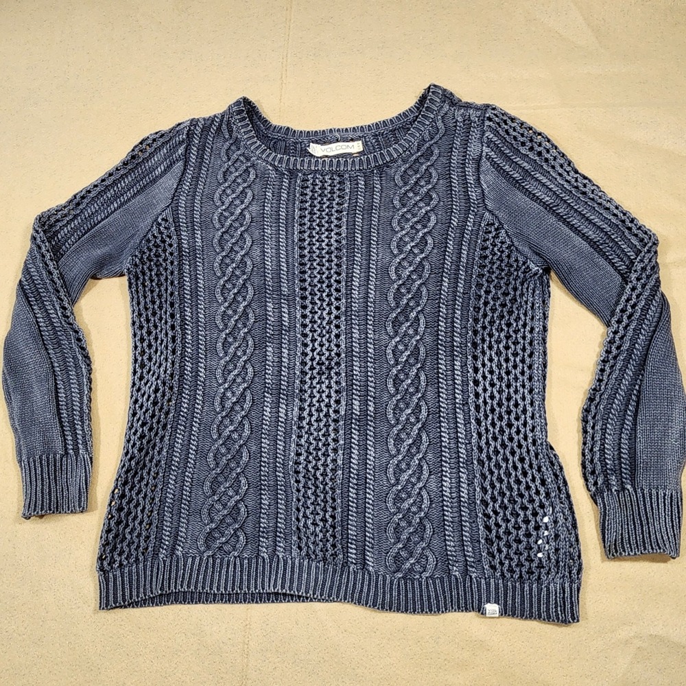 Volcom Sweater Womens Medium Blue Cable Knit Open Weave Cotton Pullover